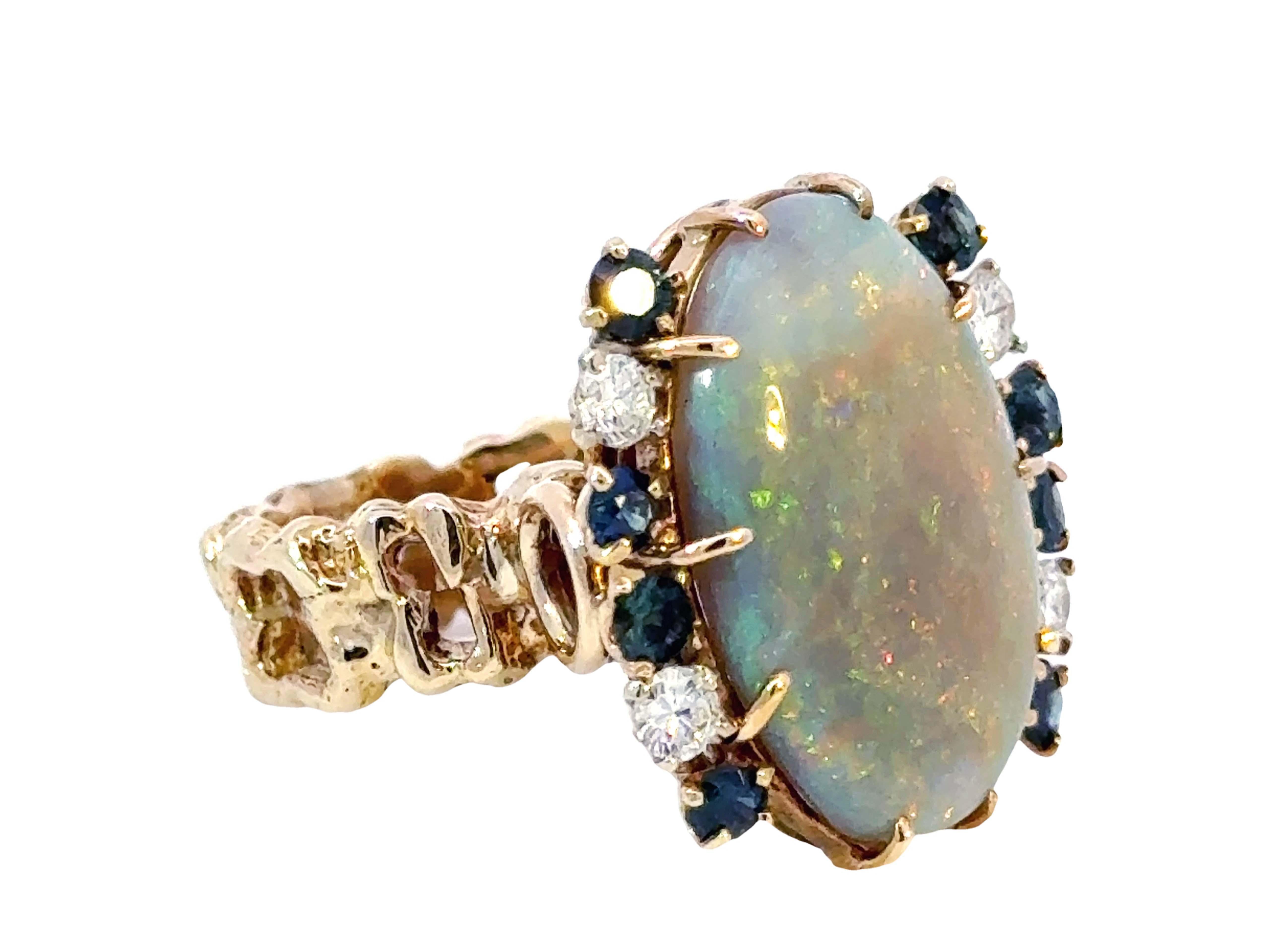 Opal Diamond Sapphire Ring 14k Yellow Gold For Sale 4