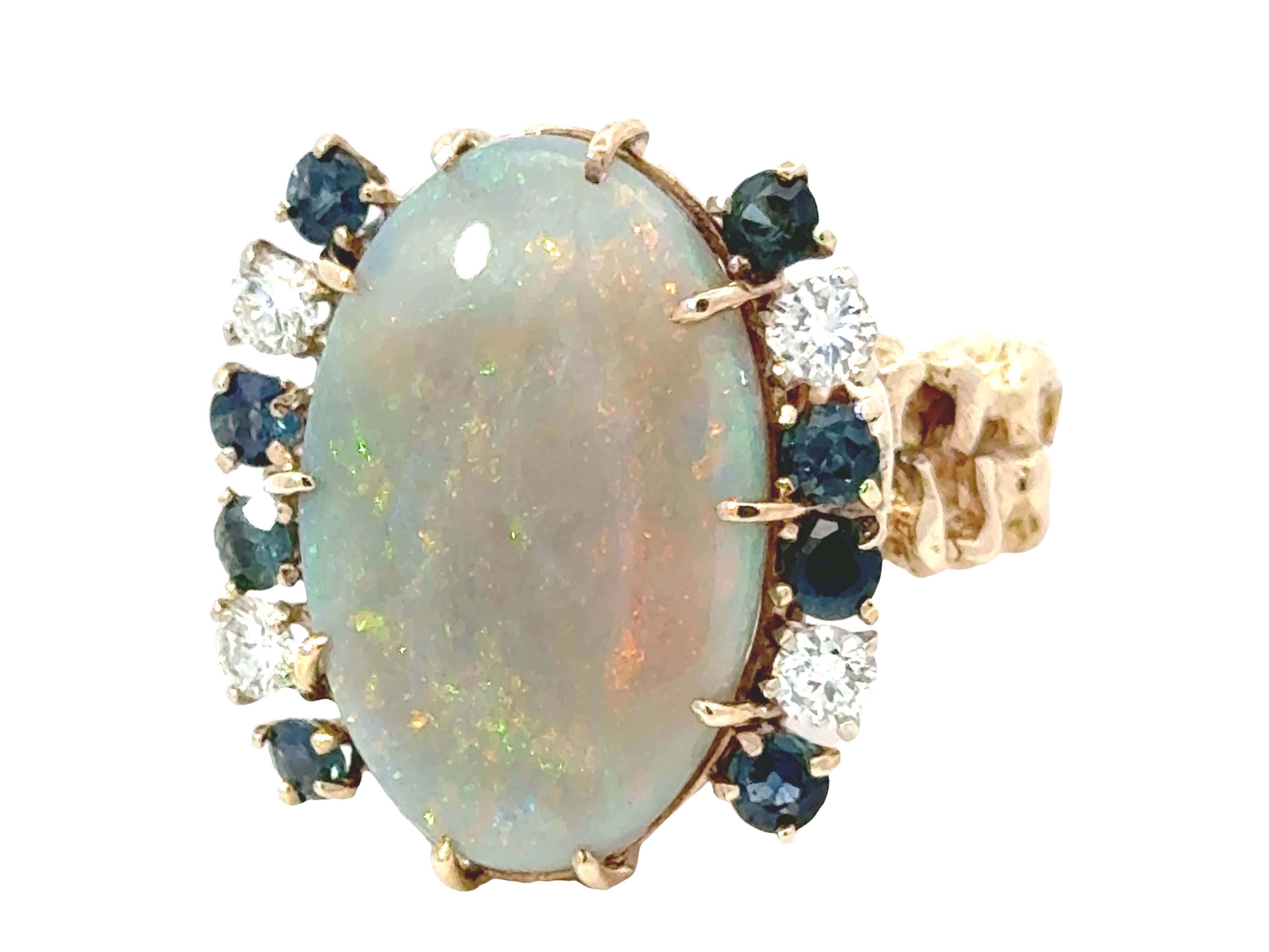 Cabochon Opal Diamond Sapphire Ring 14k Yellow Gold For Sale