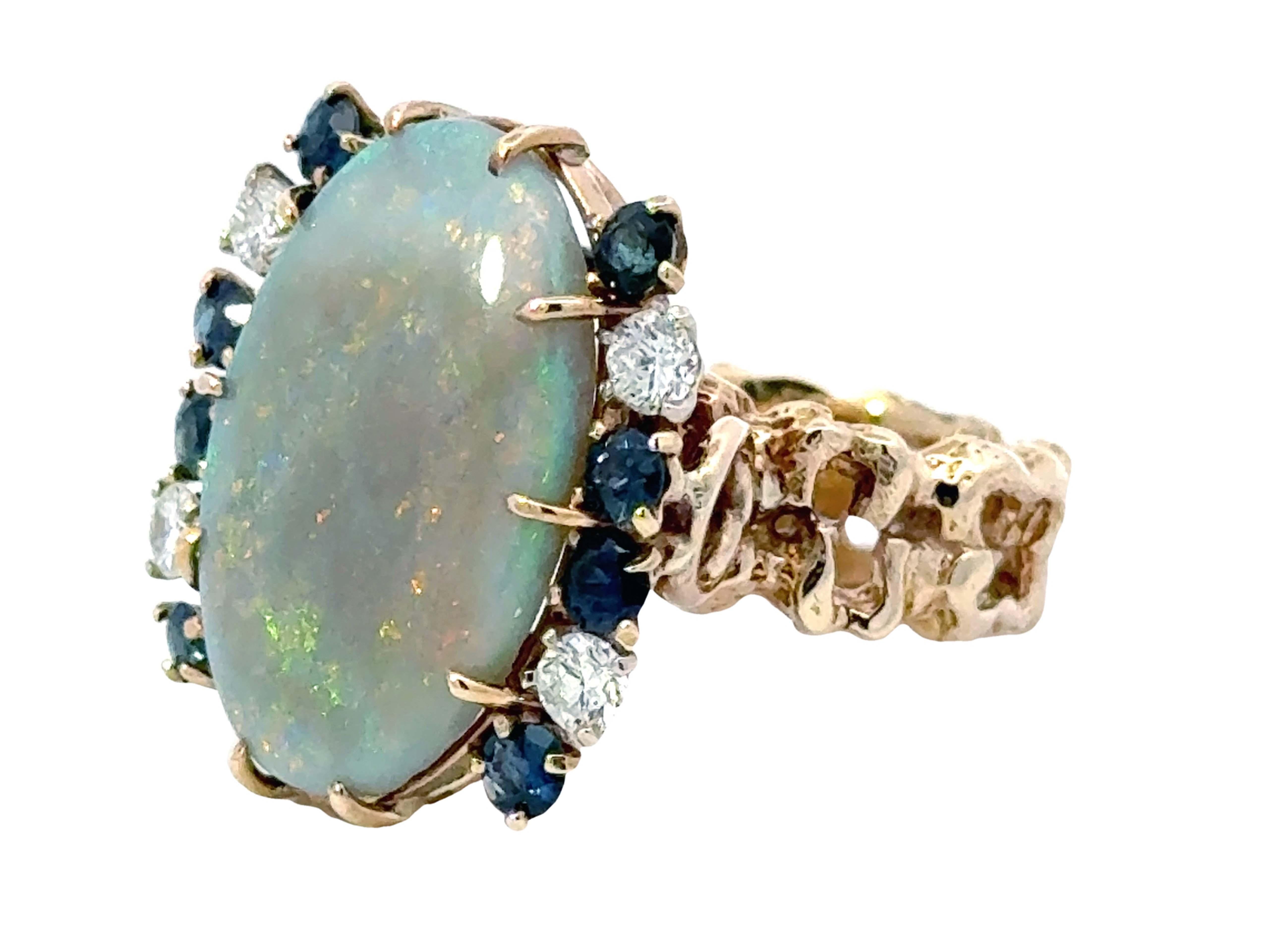 Opal Diamond Sapphire Ring 14k Yellow Gold In Excellent Condition For Sale In Honolulu, HI