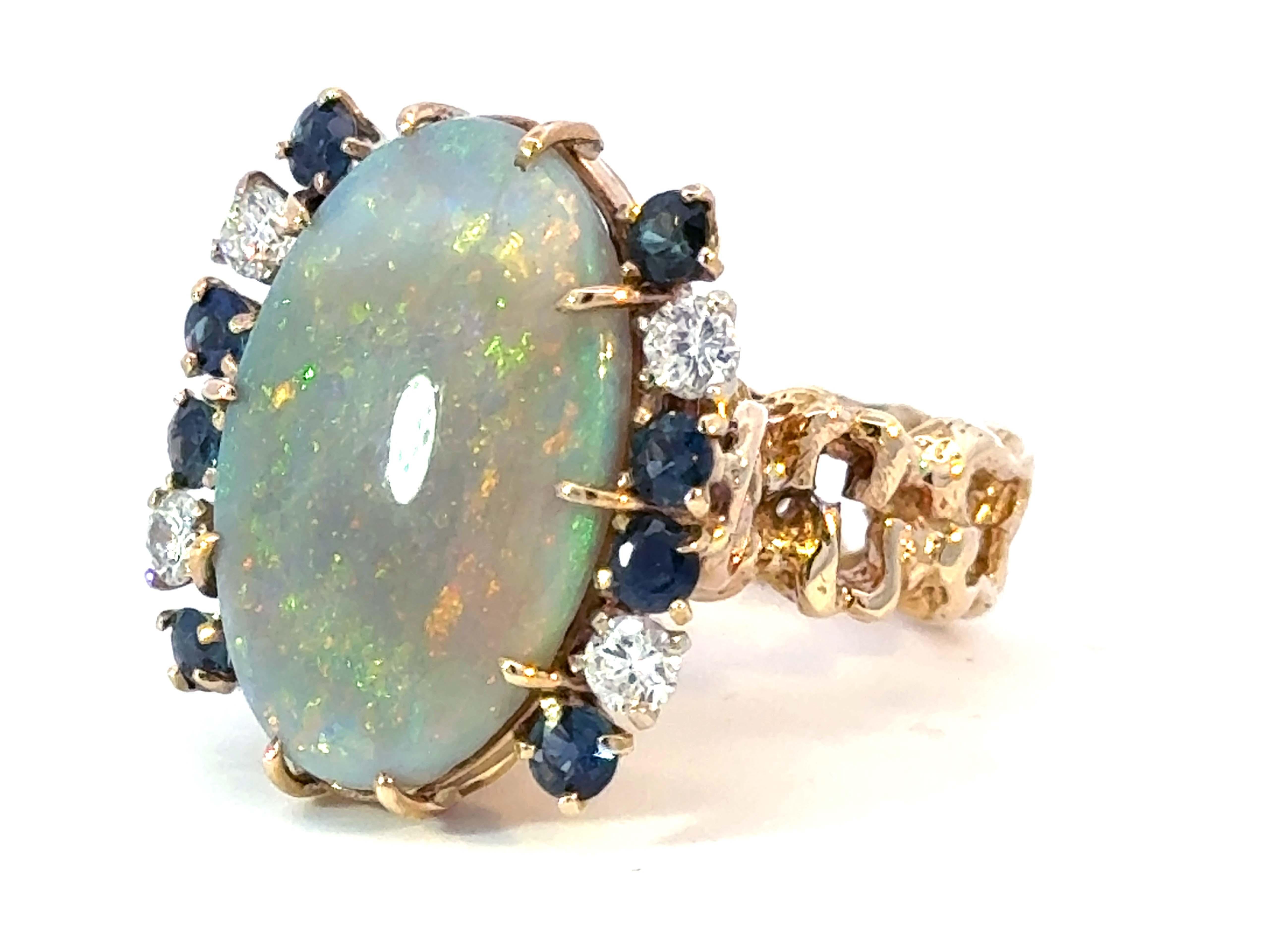 Women's or Men's Opal Diamond Sapphire Ring 14k Yellow Gold For Sale