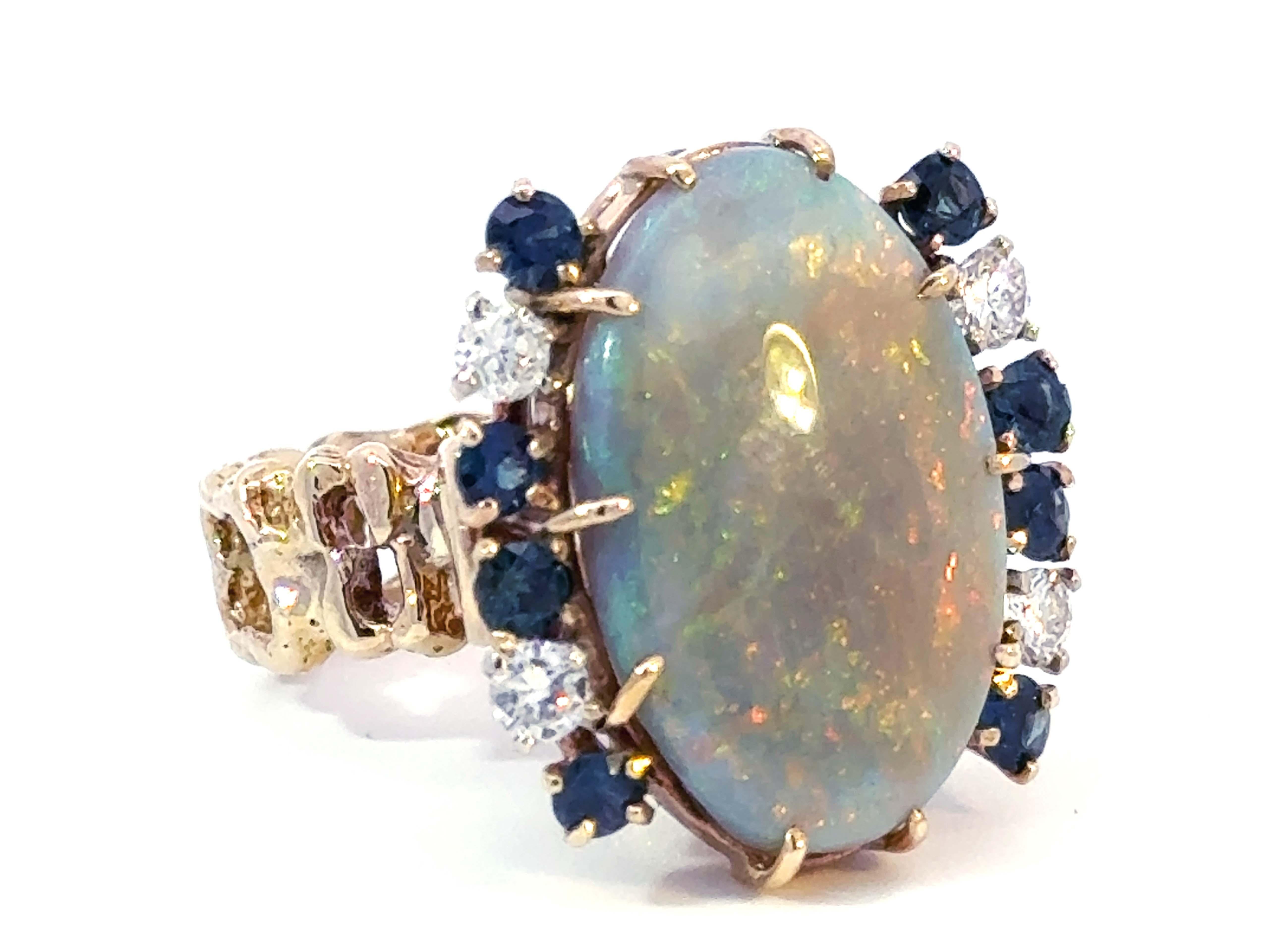 Opal Diamond Sapphire Ring 14k Yellow Gold For Sale 1