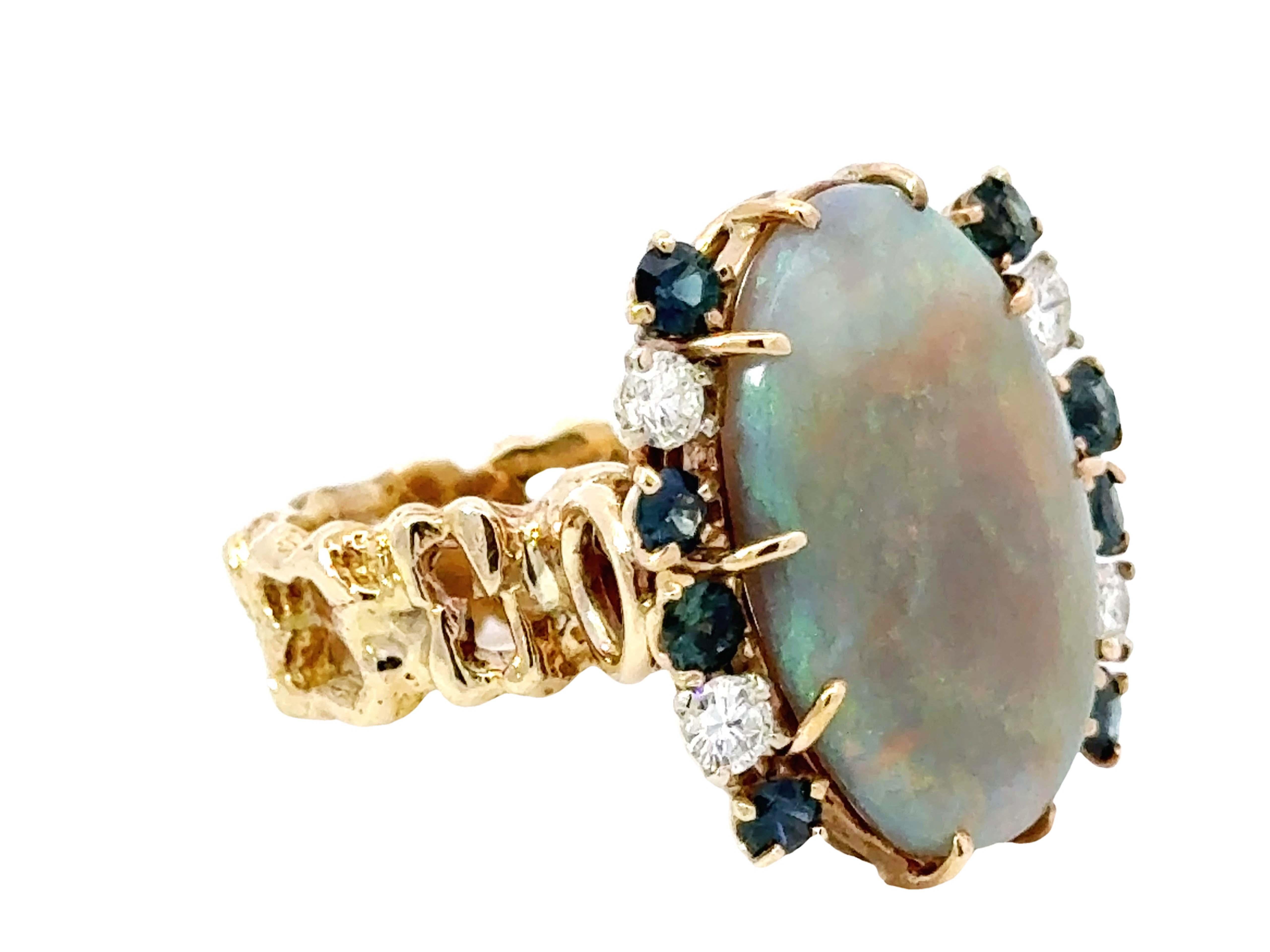 Opal Diamond Sapphire Ring 14k Yellow Gold For Sale 2