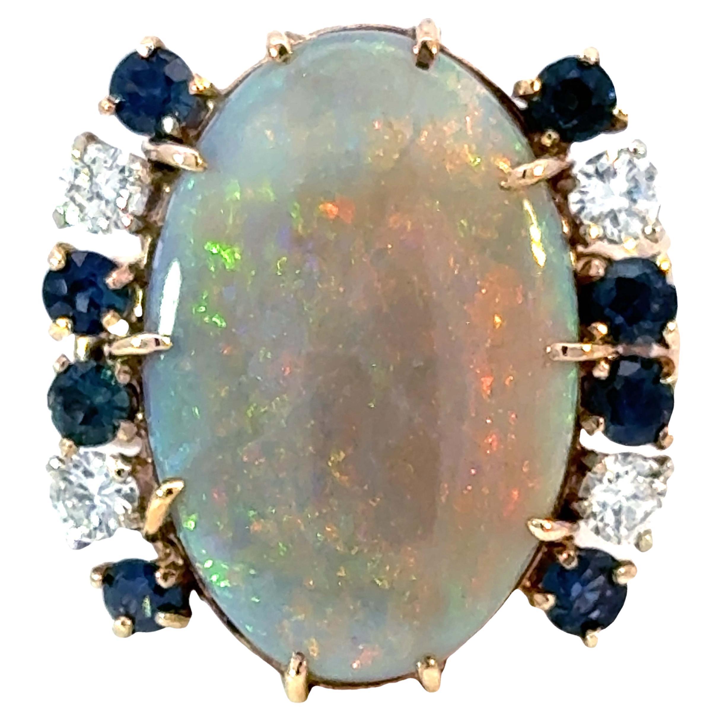Opal Diamond Sapphire Ring 14k Yellow Gold For Sale