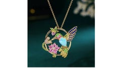 Opal Diamond Sapphire Tsavorite Diamond Humming Bird Necklace 18 Karat Gold