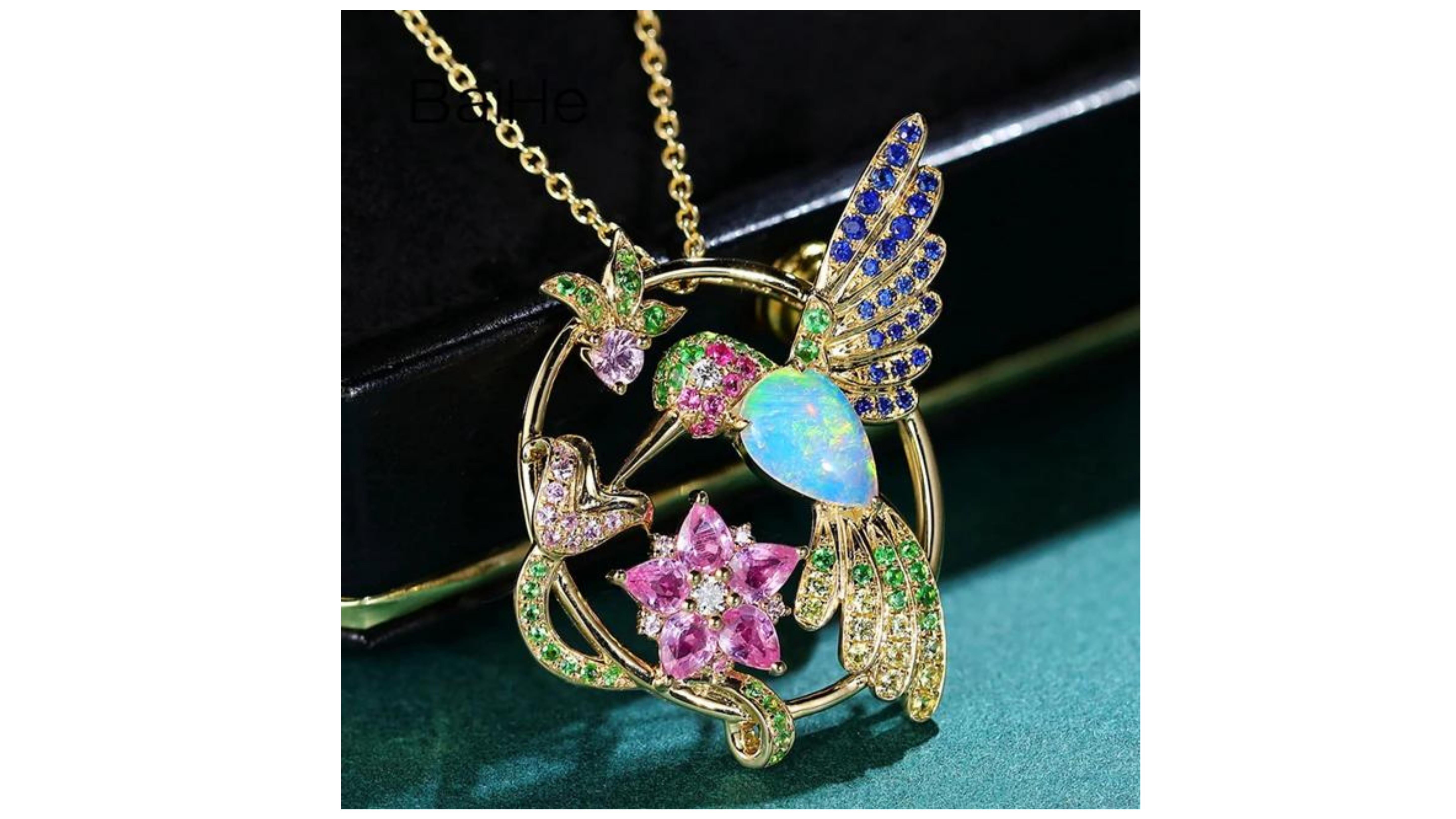 Contemporary Opal Diamond Sapphire Tsavorite Diamond Humming Bird Necklace 18 Karat Gold   For Sale