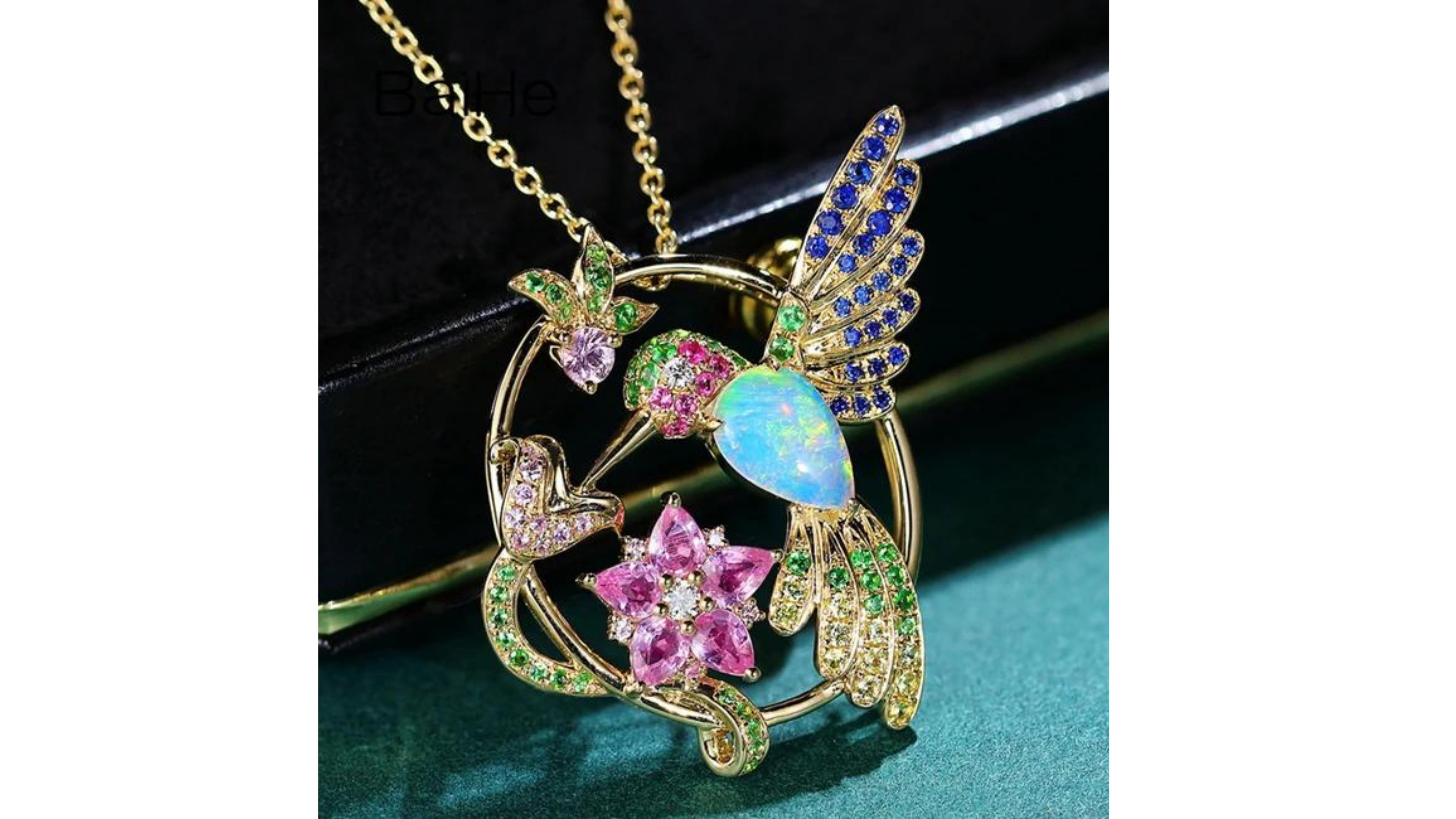 Contemporary Opal Diamond Sapphire Tsavorite Diamond Humming Bird Necklace 18 Karat Gold For Sale