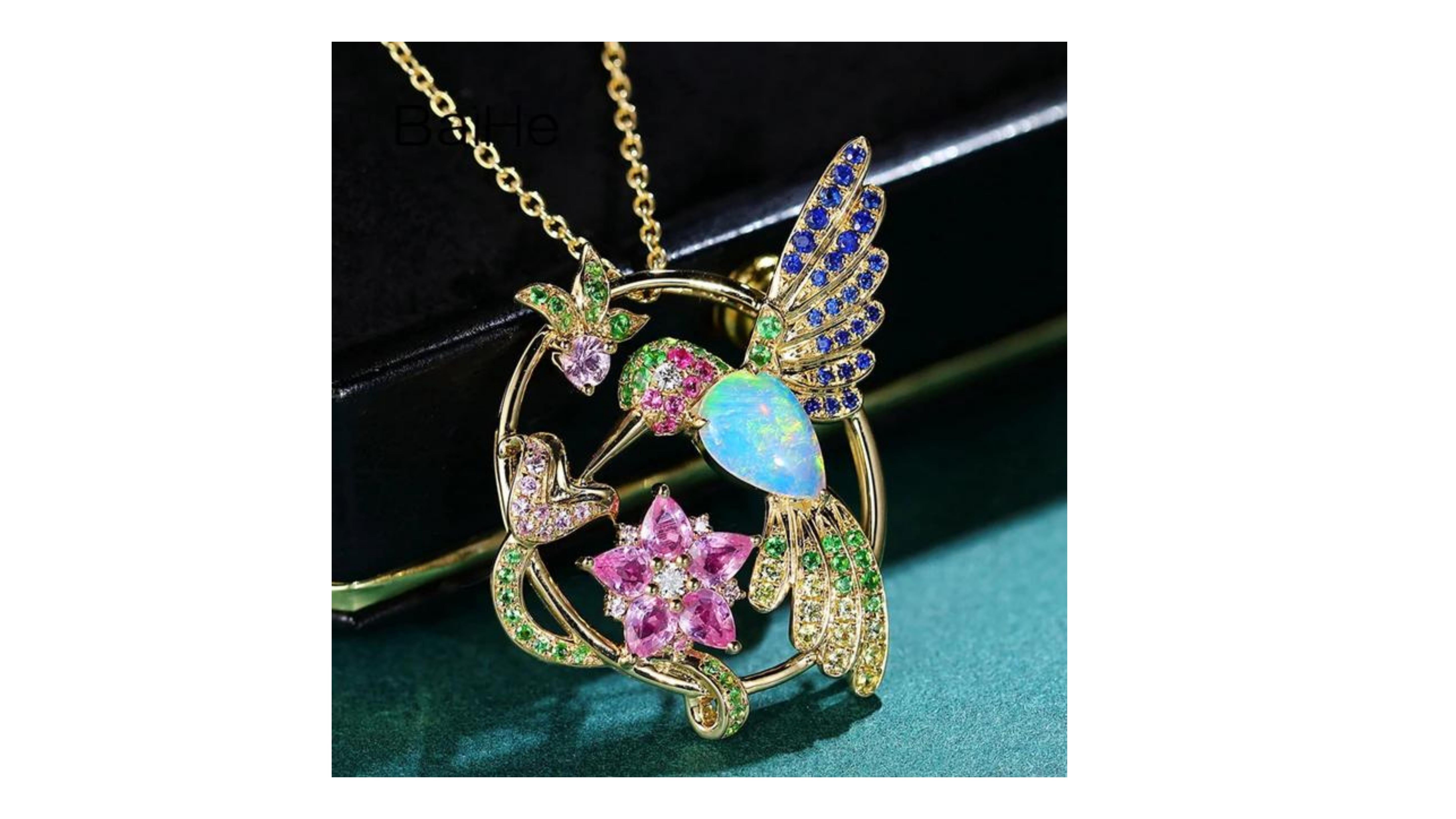 Pear Cut Opal Diamond Sapphire Tsavorite Diamond Humming Bird Necklace 18 Karat Gold   For Sale