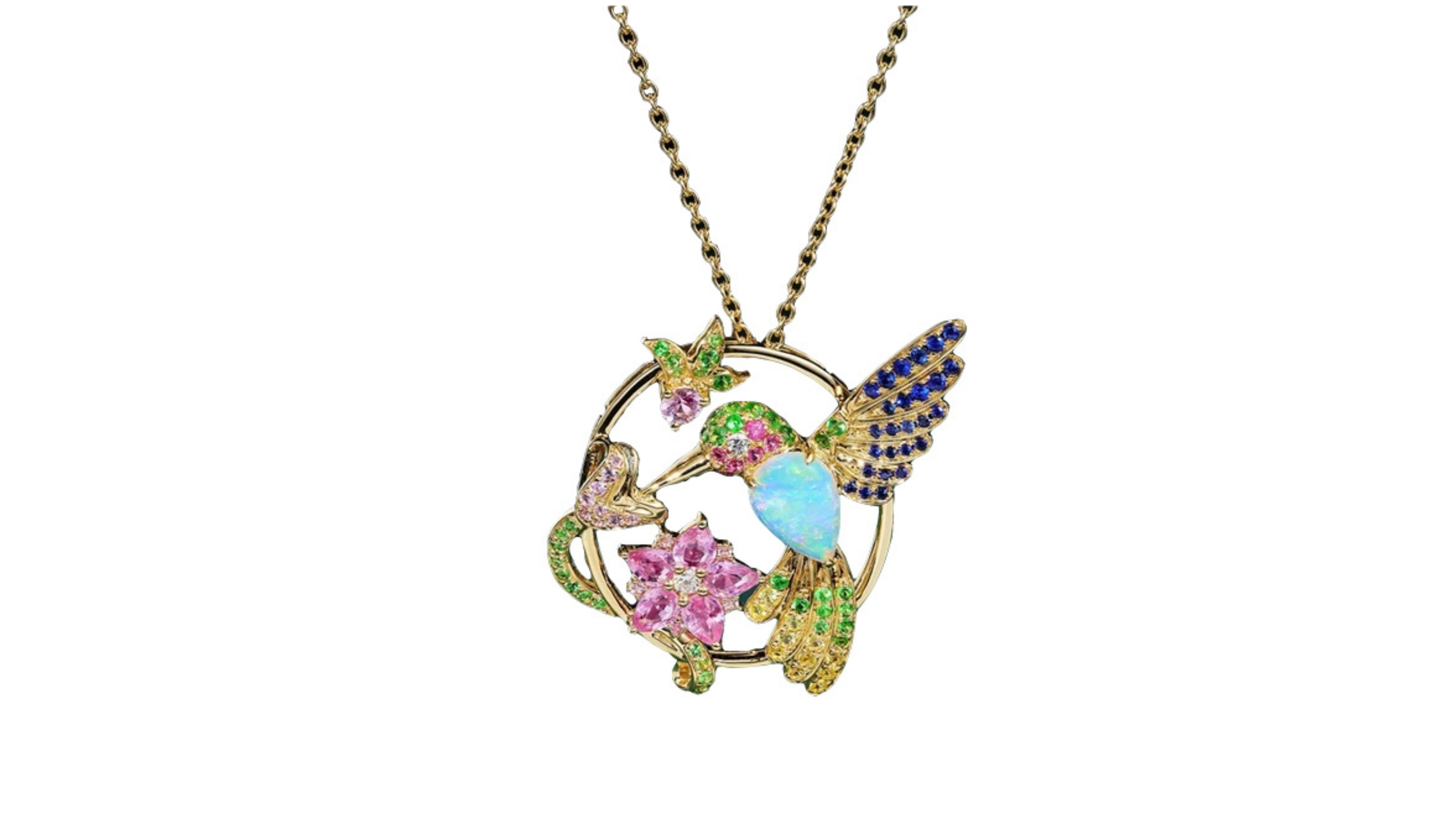 Pear Cut Opal Diamond Sapphire Tsavorite Diamond Humming Bird Necklace 18 Karat Gold For Sale