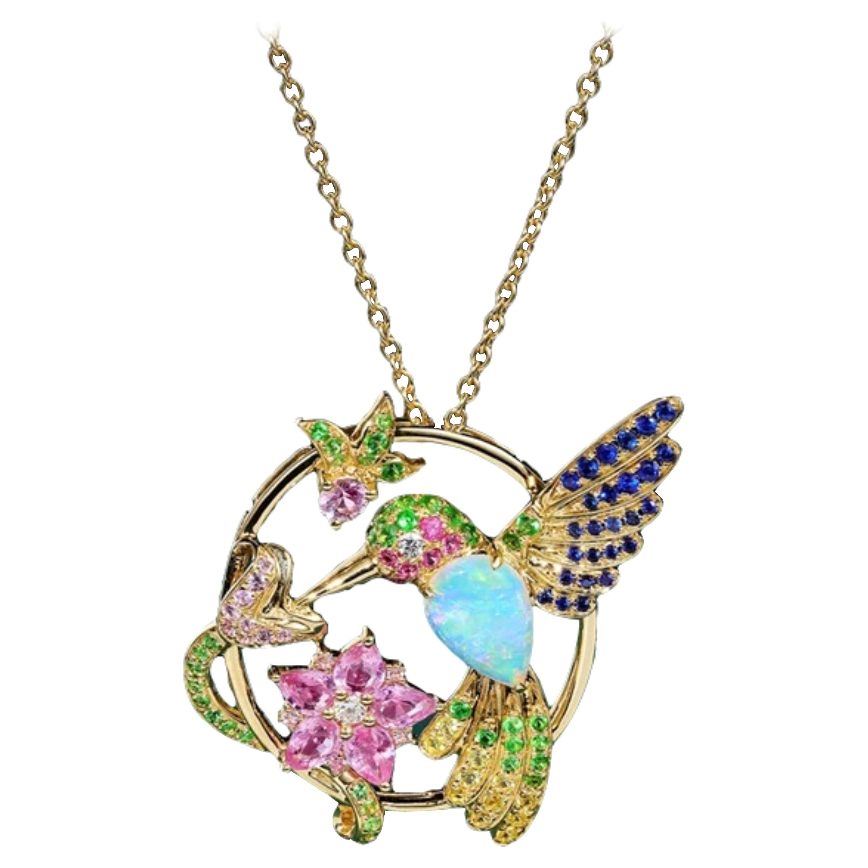 Opal Diamond Sapphire Tsavorite Diamond Humming Bird Necklace 18 Karat Gold   For Sale