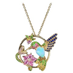 Opal Diamond Sapphire Tsavorite Diamond Humming Bird Necklace 18 Karat Gold  