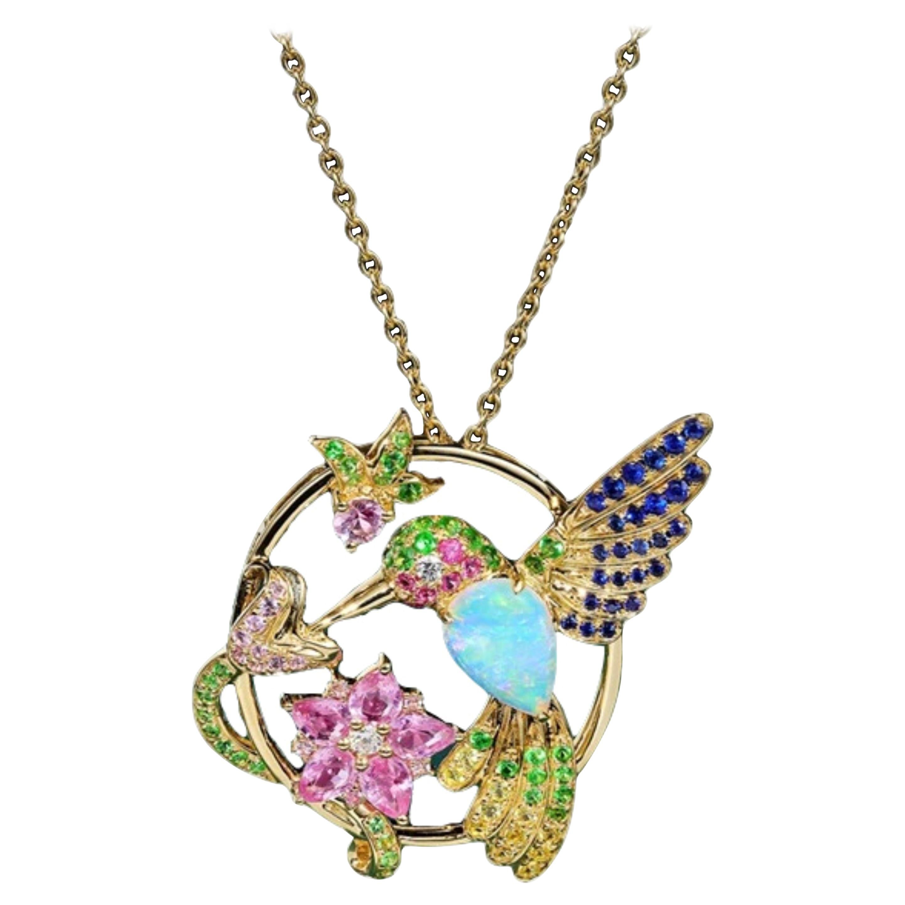 Opal Diamond Sapphire Tsavorite Diamond Humming Bird Necklace 18 Karat Gold For Sale