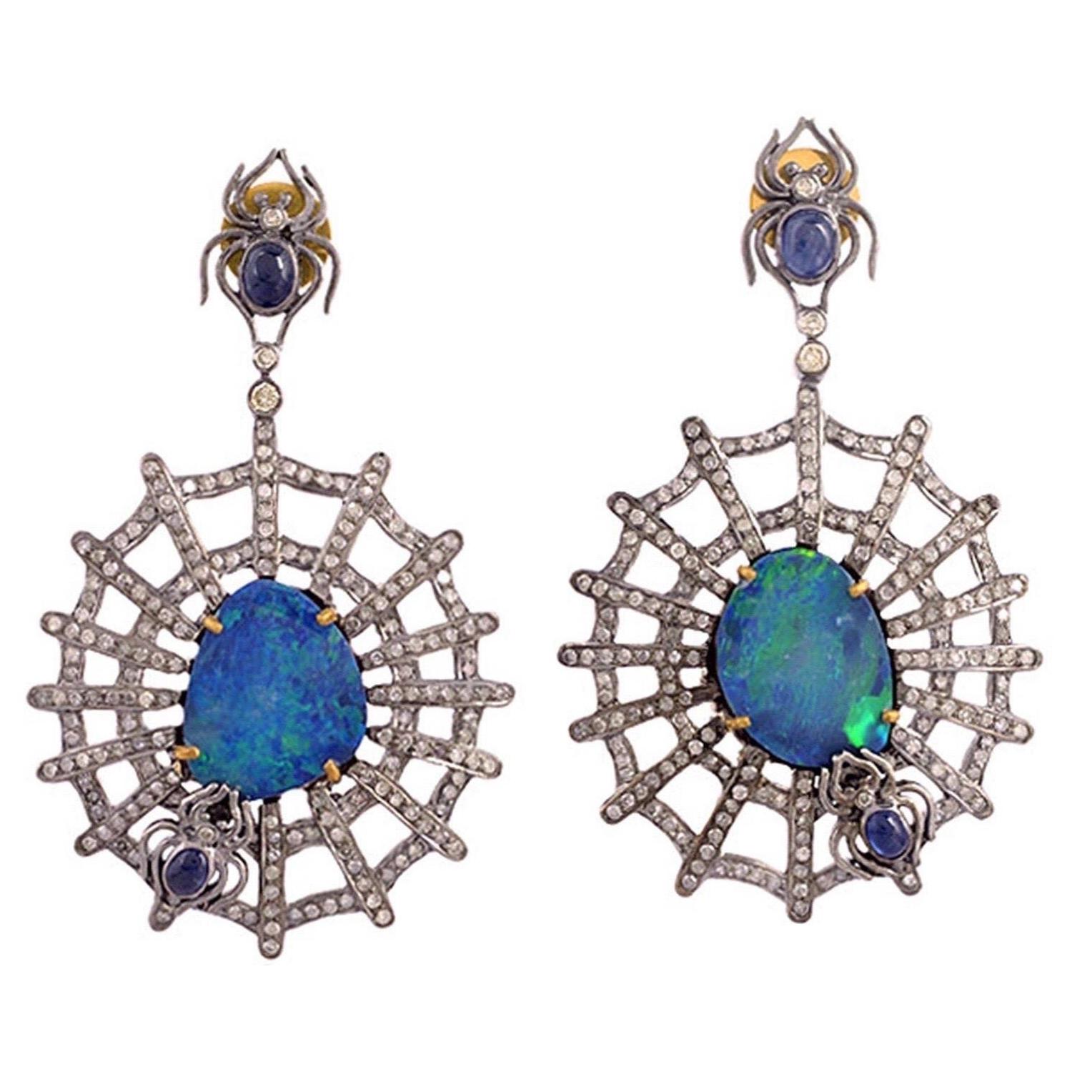 Opal Diamond Spider Web Earrings For Sale
