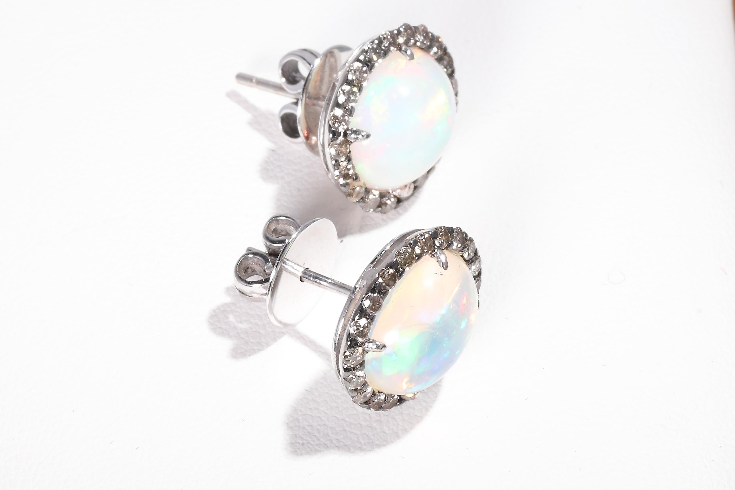 Women's or Men's Opal Diamond Stud Earrings For Sale