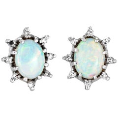 Opal Diamond Stud Earrings Vintage 14 Karat White Gold Estate Fine Jewelry Oval
