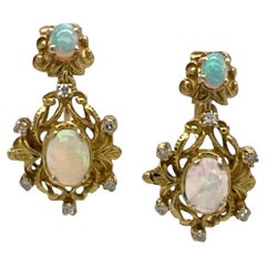 Opal Diamond Vintage Drop Earrings 14 Karat Yellow Gold Earclips