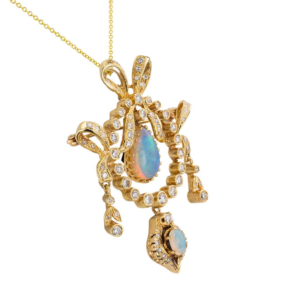 Opal and diamond yellow gold brooch pendant necklace circa 1960.  Clear and concise information you want to know is listed below.  Contact us right away if you have additional questions.  We are here to connect you with beautiful and affordable