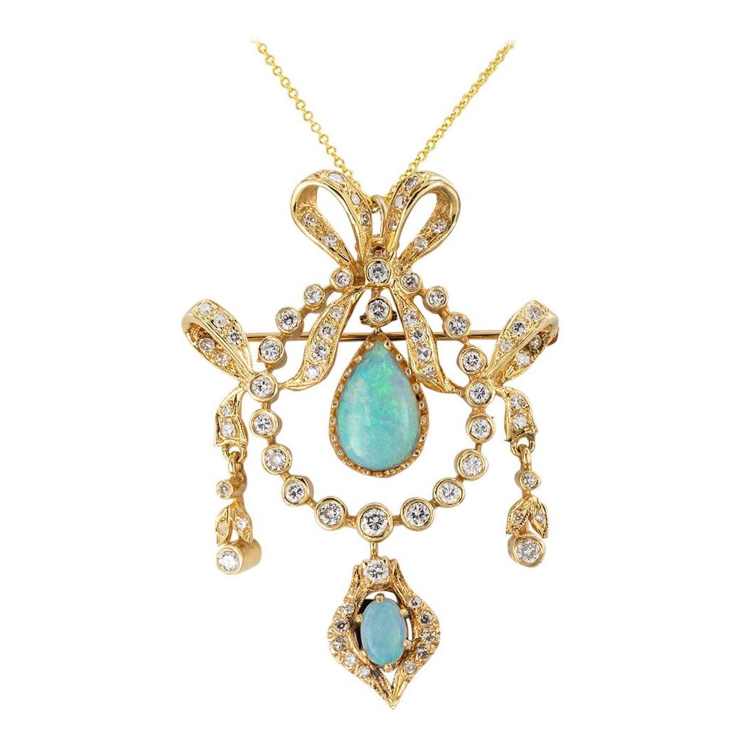 Opal Diamond Yellow Gold Brooch Pendant