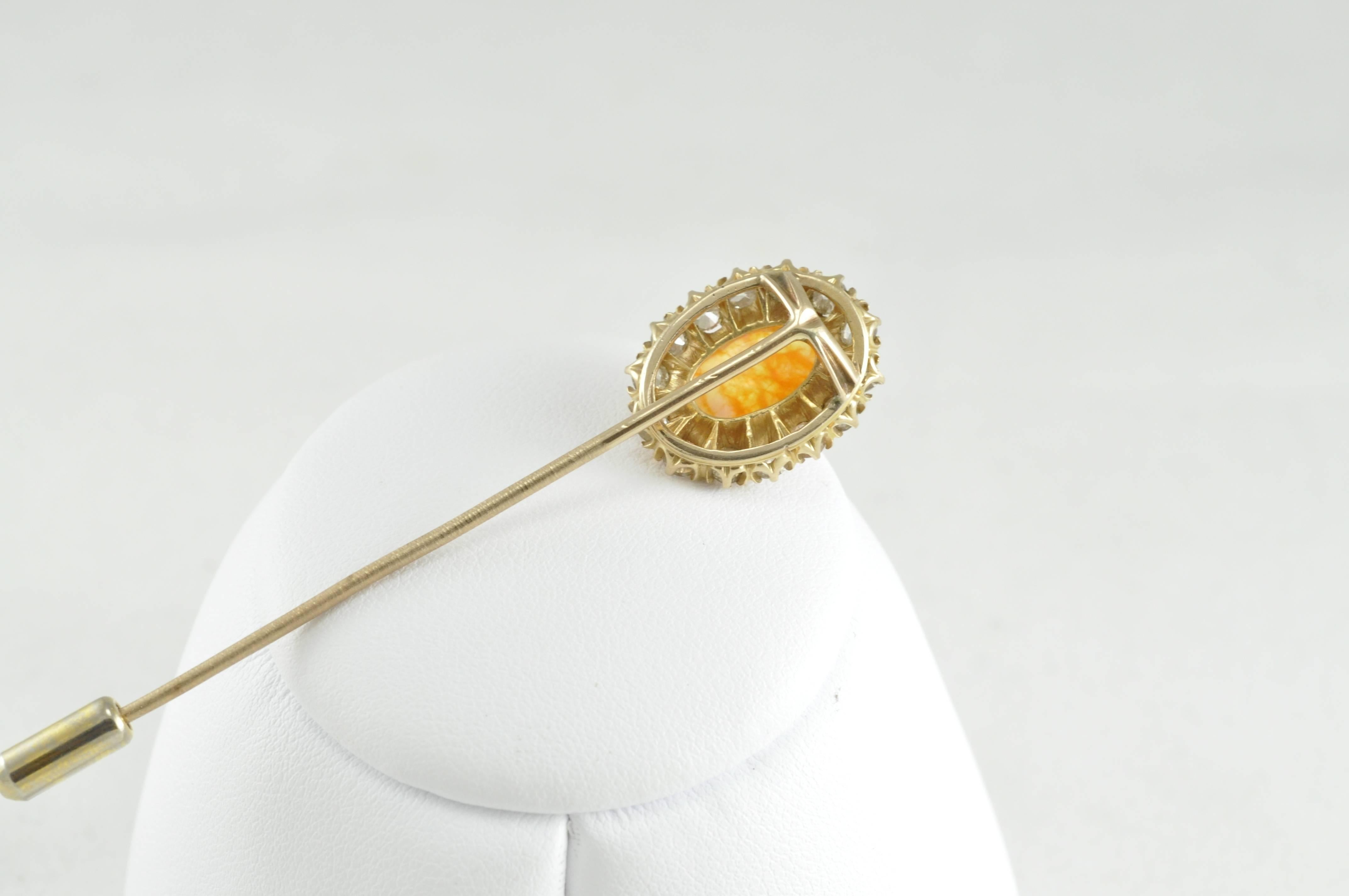 Late Victorian Vintage Opal Diamond Yellow Gold Hat Pin