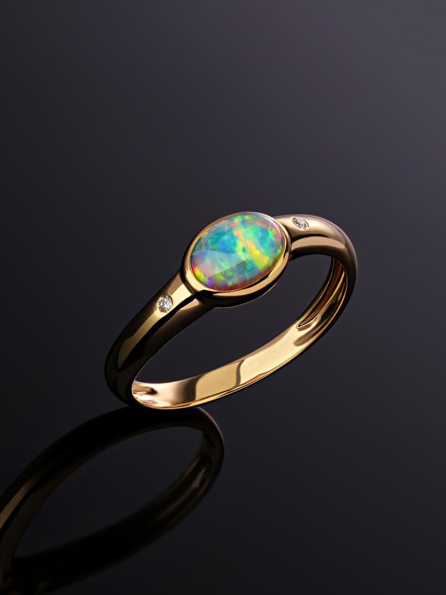 Artisan Opal Diamond Yellow Gold Ring Australian Gemstone Rainbow Clouds Opal Unisex For Sale