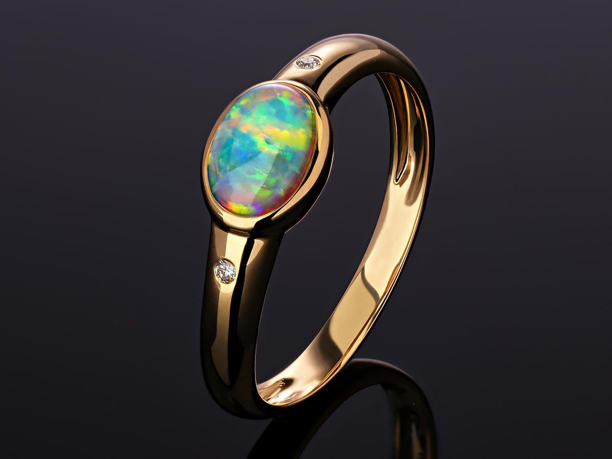 Oval Cut Opal Diamond Yellow Gold Ring Australian Gemstone Rainbow Clouds Opal Unisex For Sale