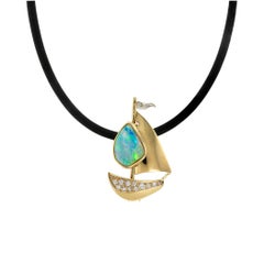 Opal Diamond Yellow Gold Sailboat Brooch Pendant