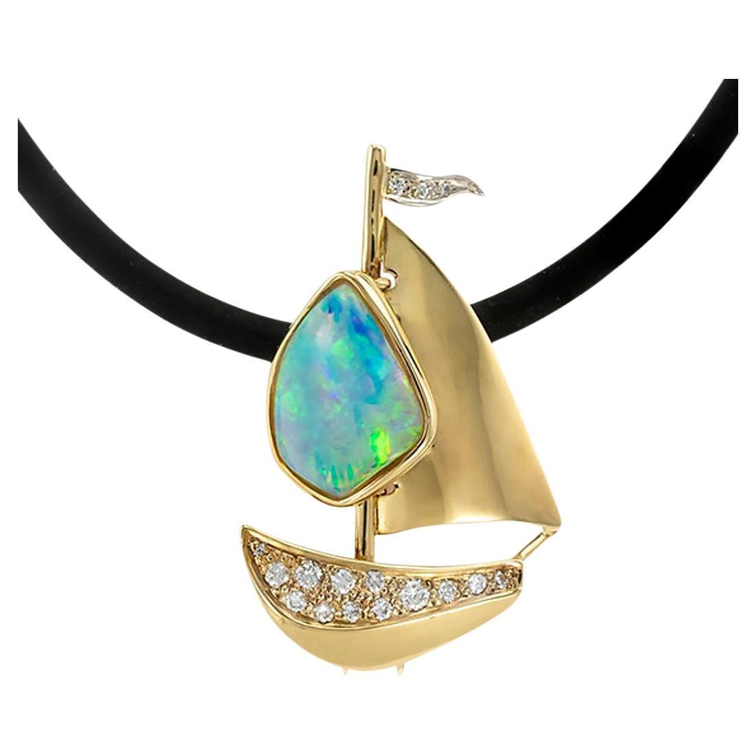 Opal Diamond Yellow Gold Sailboat Brooch Pendant