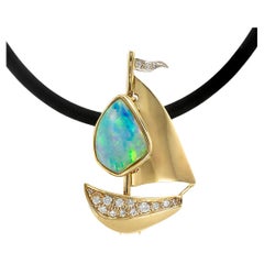 Opal Diamond Yellow Gold Sailboat Brooch Pendant