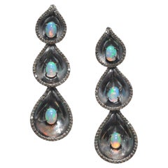Opal, Diamonds and Sterling Silver Earrings