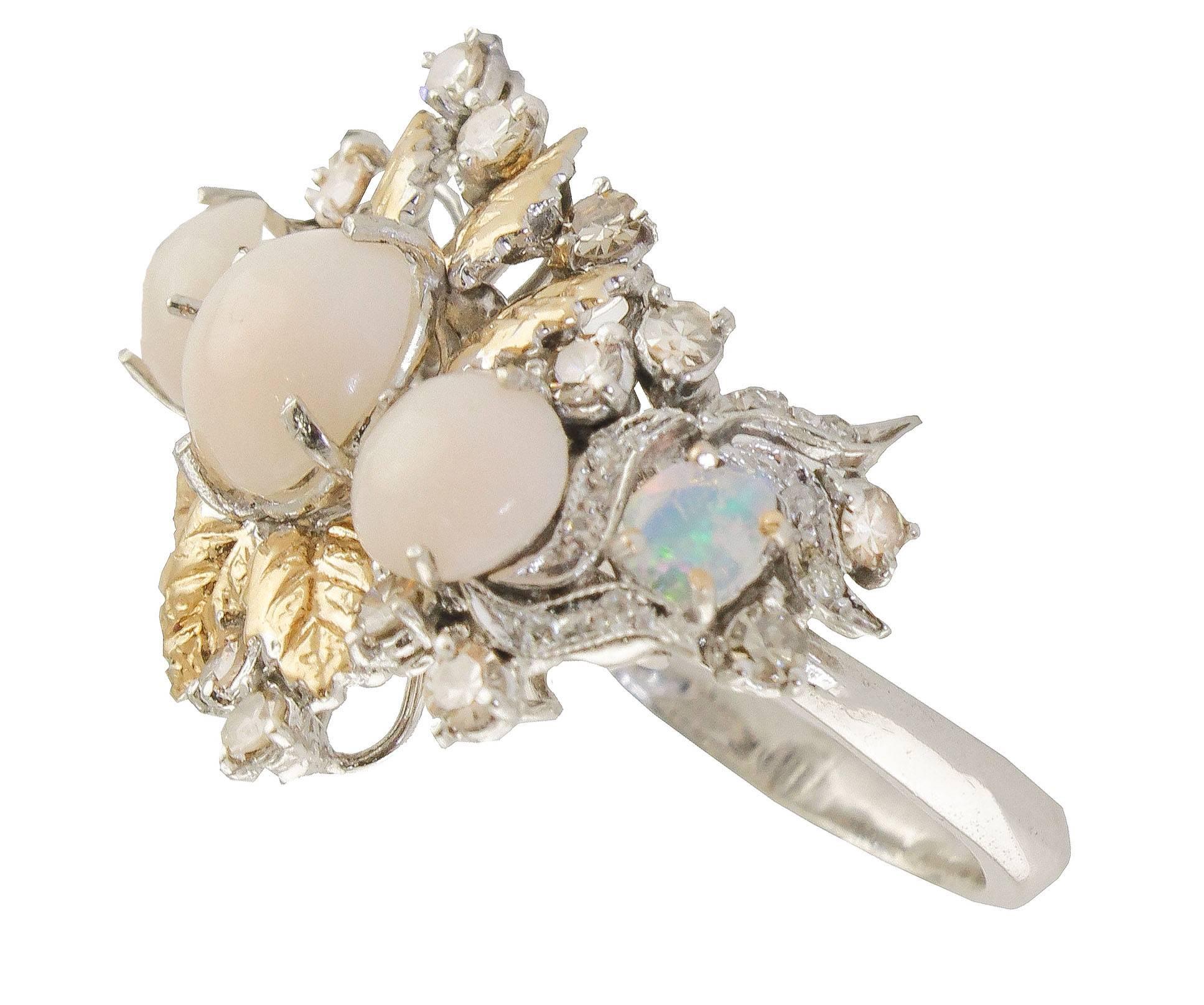 Mixed Cut Opal Diamonds Corals White and Rose Gold Flower Ring