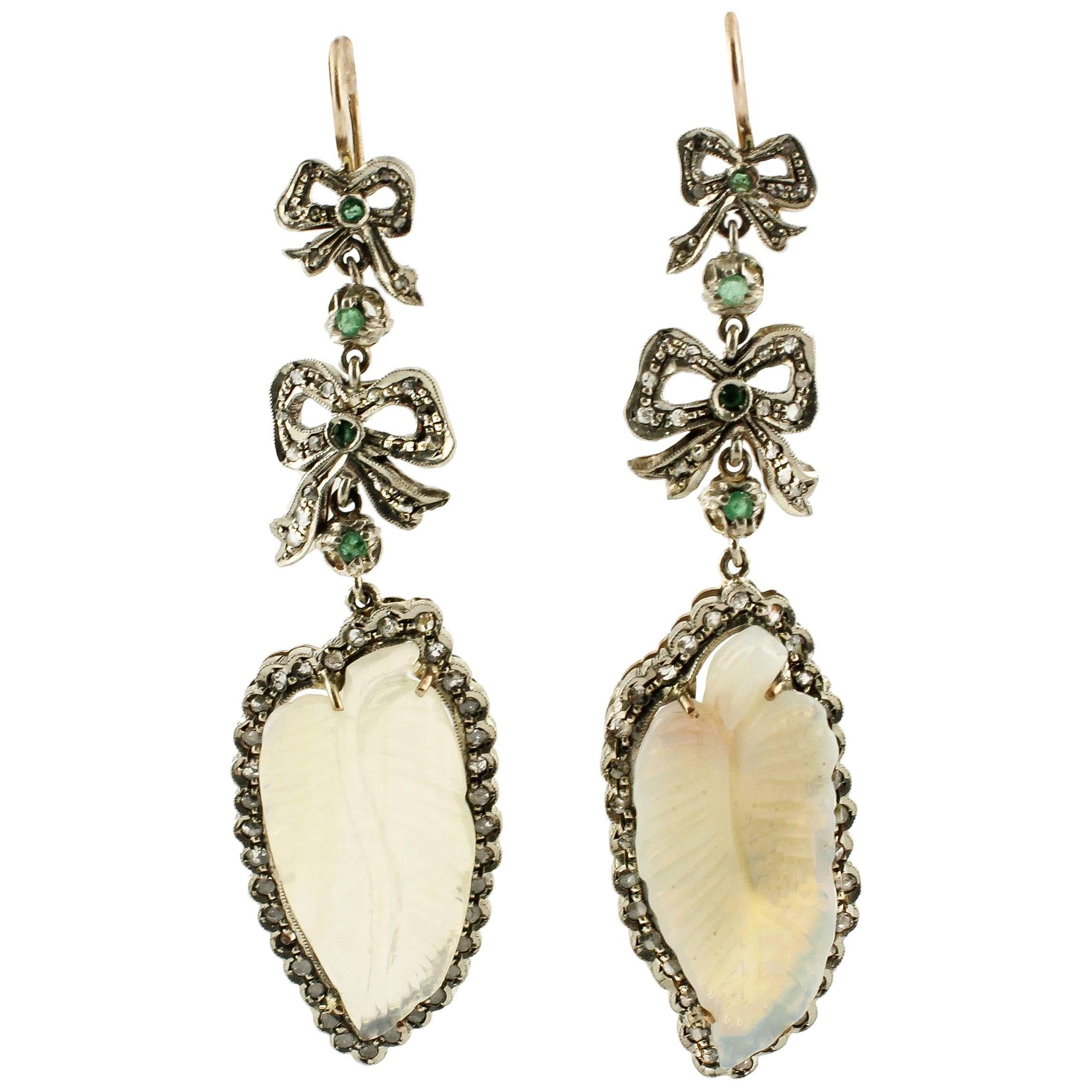 Opal Diamonds Emeralds Rose Gold and Silver Earrings For Sale