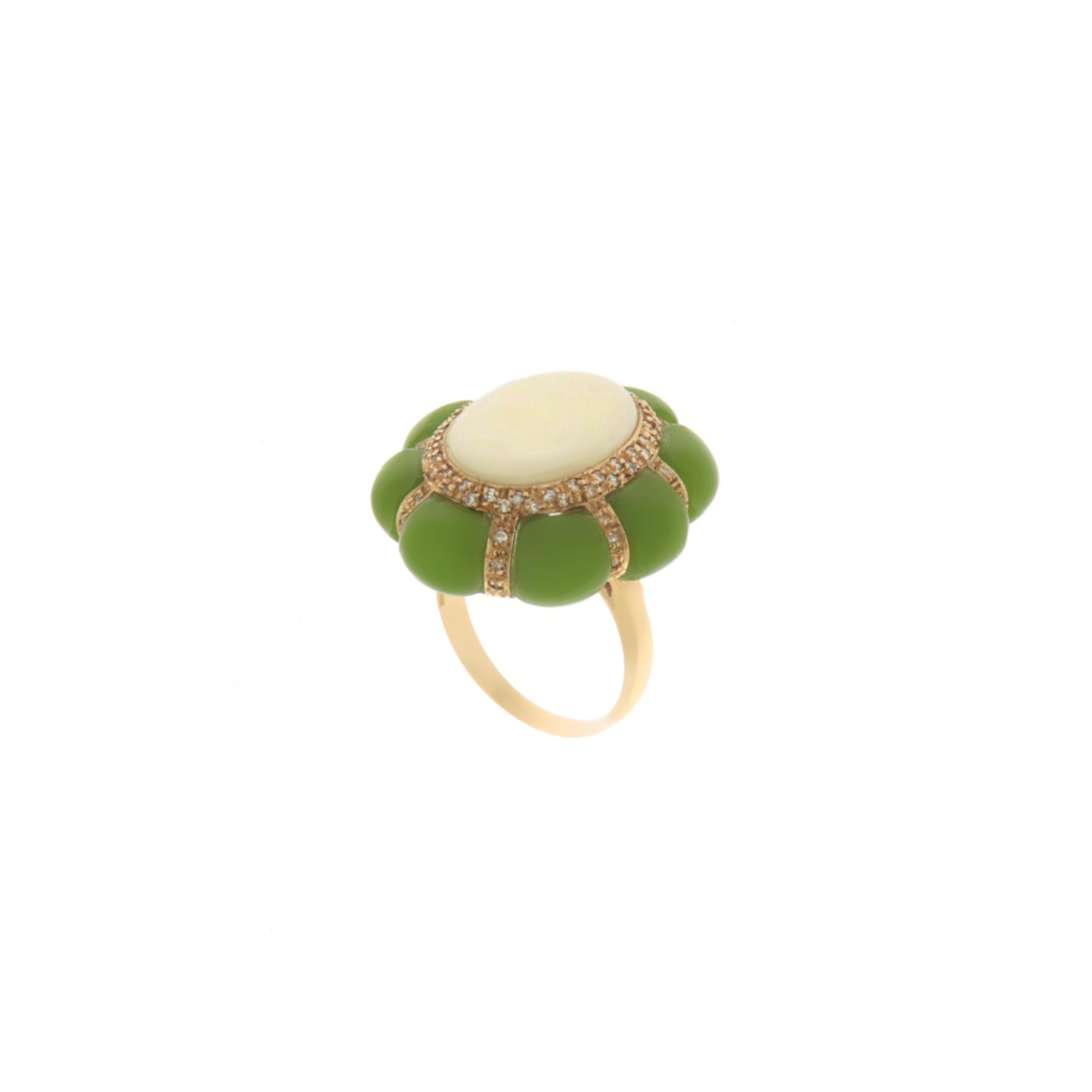 Artisan Opal Diamonds Jade 18 Karat Yellow Gold Cocktail Ring For Sale