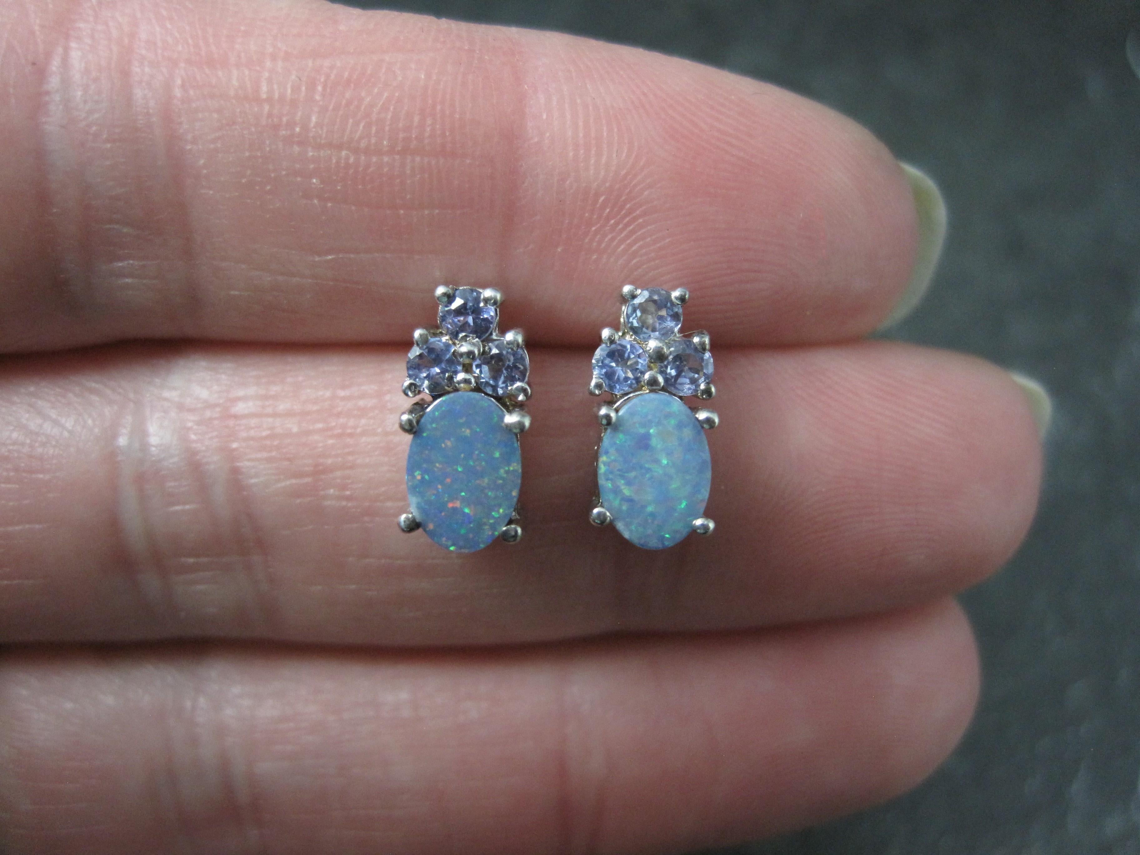 Modern Opal Doublet and Tanzanite Stud Earrings Sterling Silver For Sale
