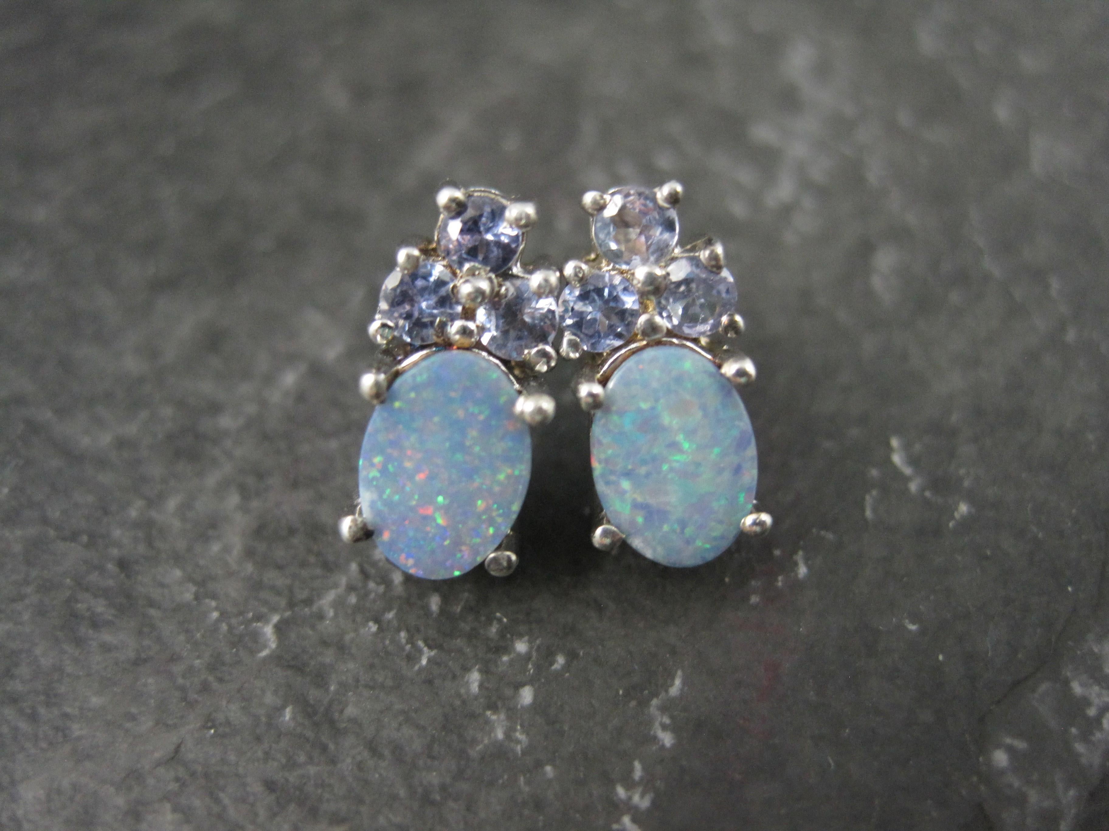 Mixed Cut Opal Doublet and Tanzanite Stud Earrings Sterling Silver For Sale