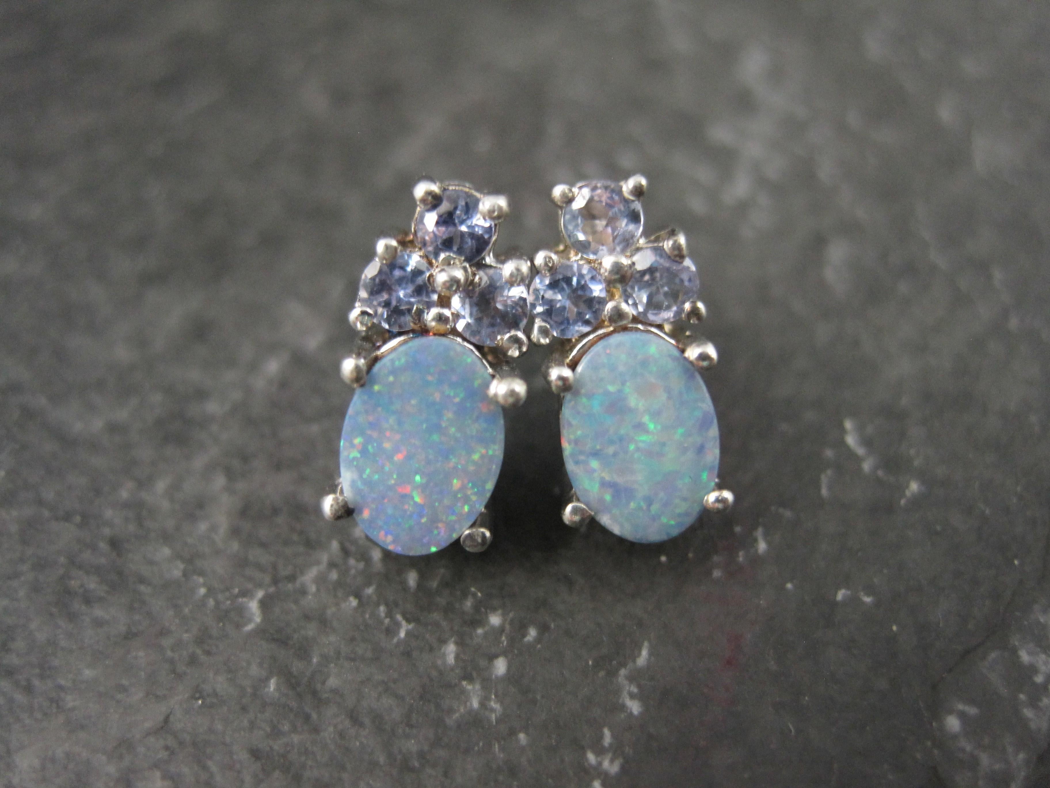 Opal Doublet and Tanzanite Stud Earrings Sterling Silver In New Condition For Sale In Webster, SD