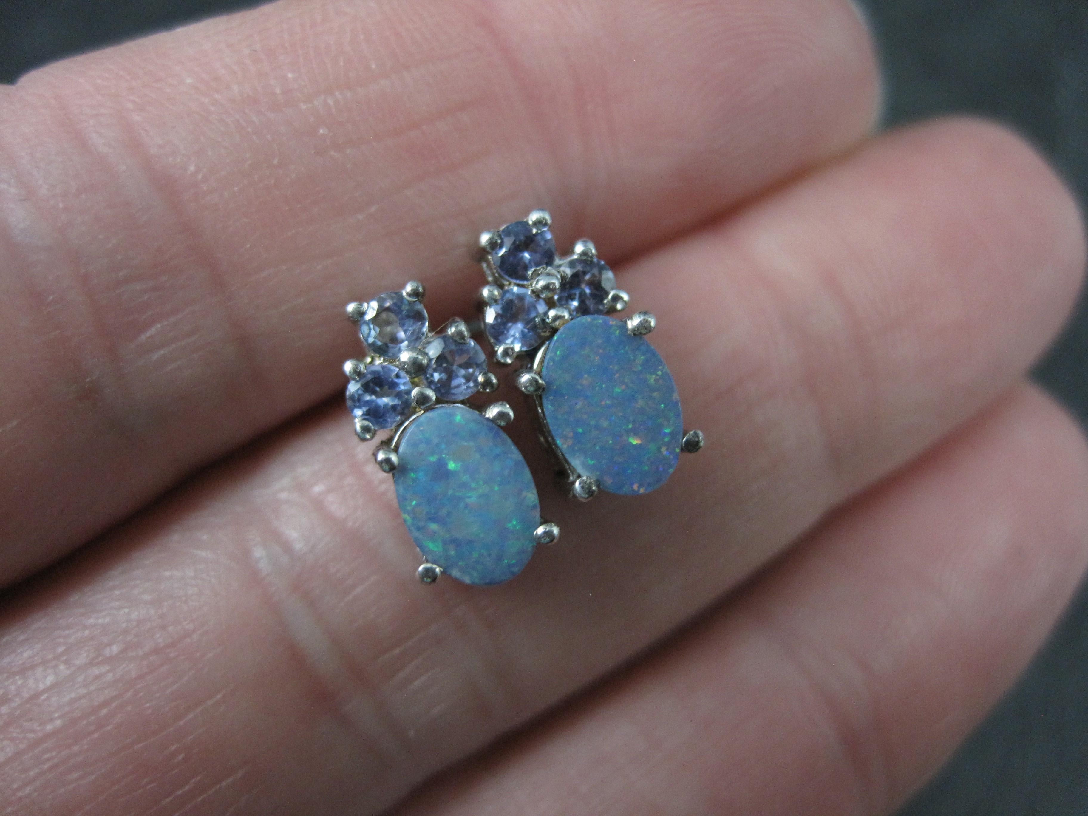 Opal Doublet and Tanzanite Stud Earrings Sterling Silver For Sale 2