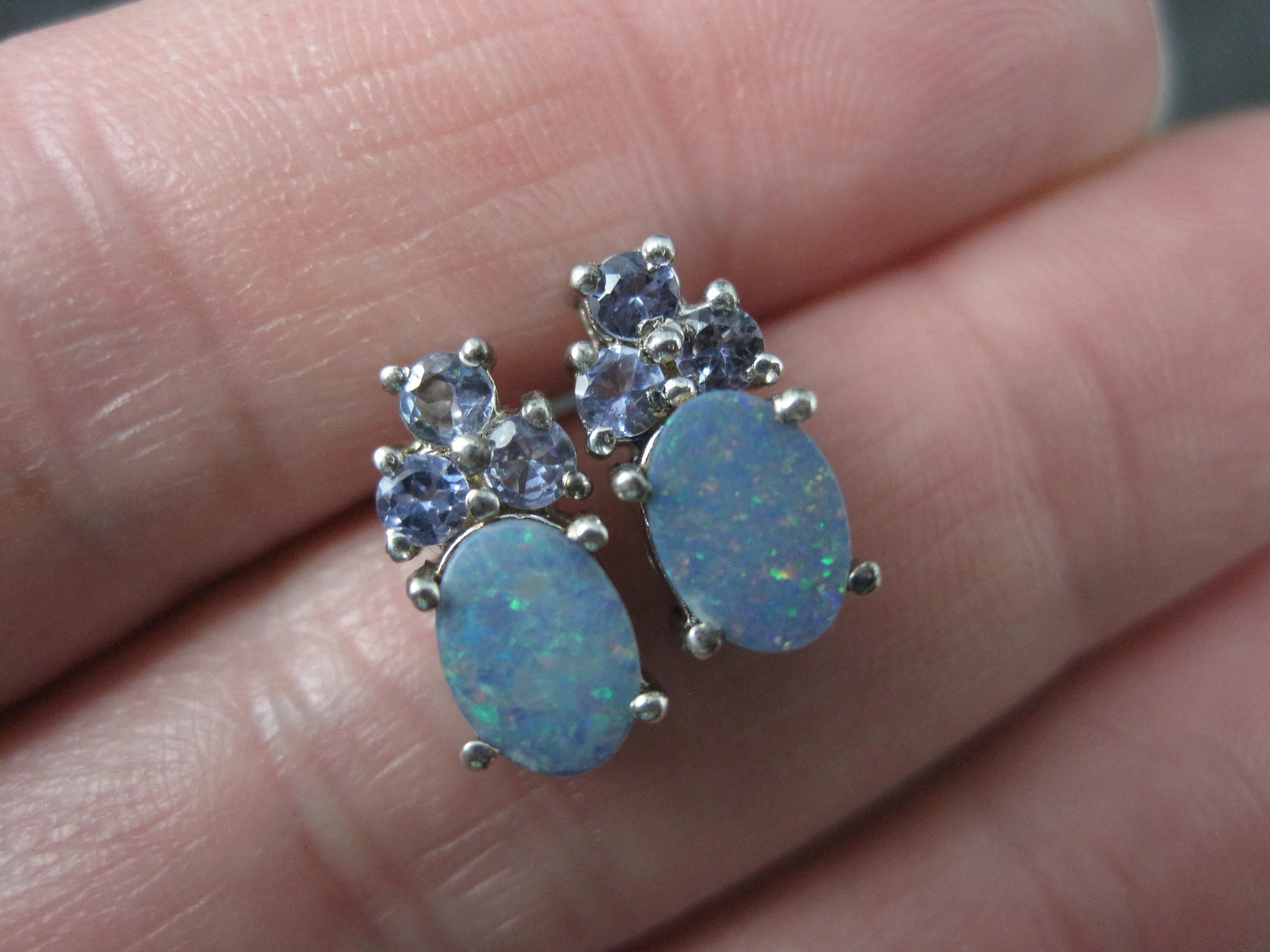 Opal Doublet and Tanzanite Stud Earrings Sterling Silver For Sale 3