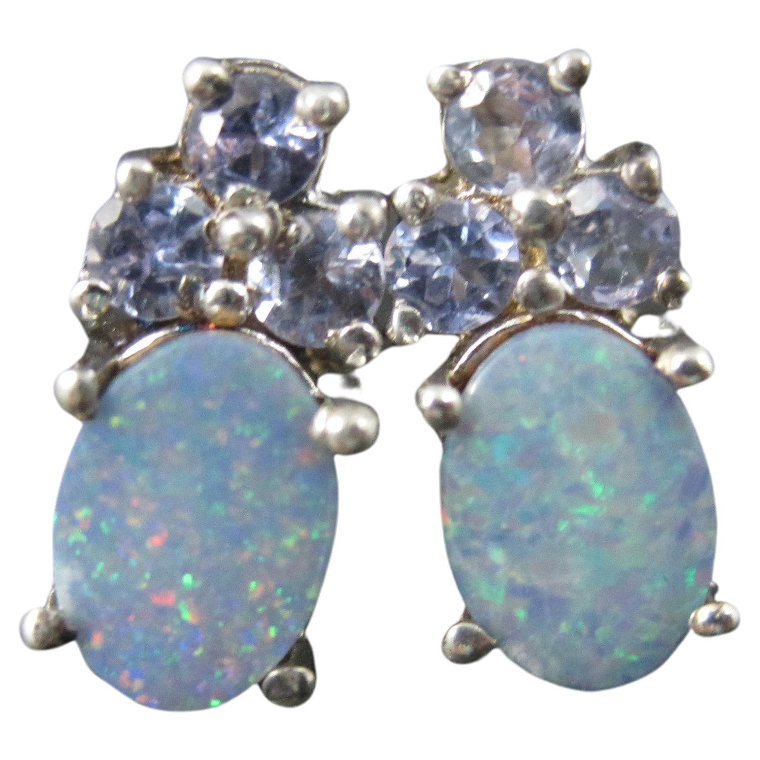 Opal Doublet and Tanzanite Stud Earrings Sterling Silver For Sale