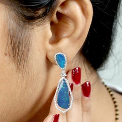 Doublet Opal Dangle Earring With Pave Diamonds Made in 18k White Gold