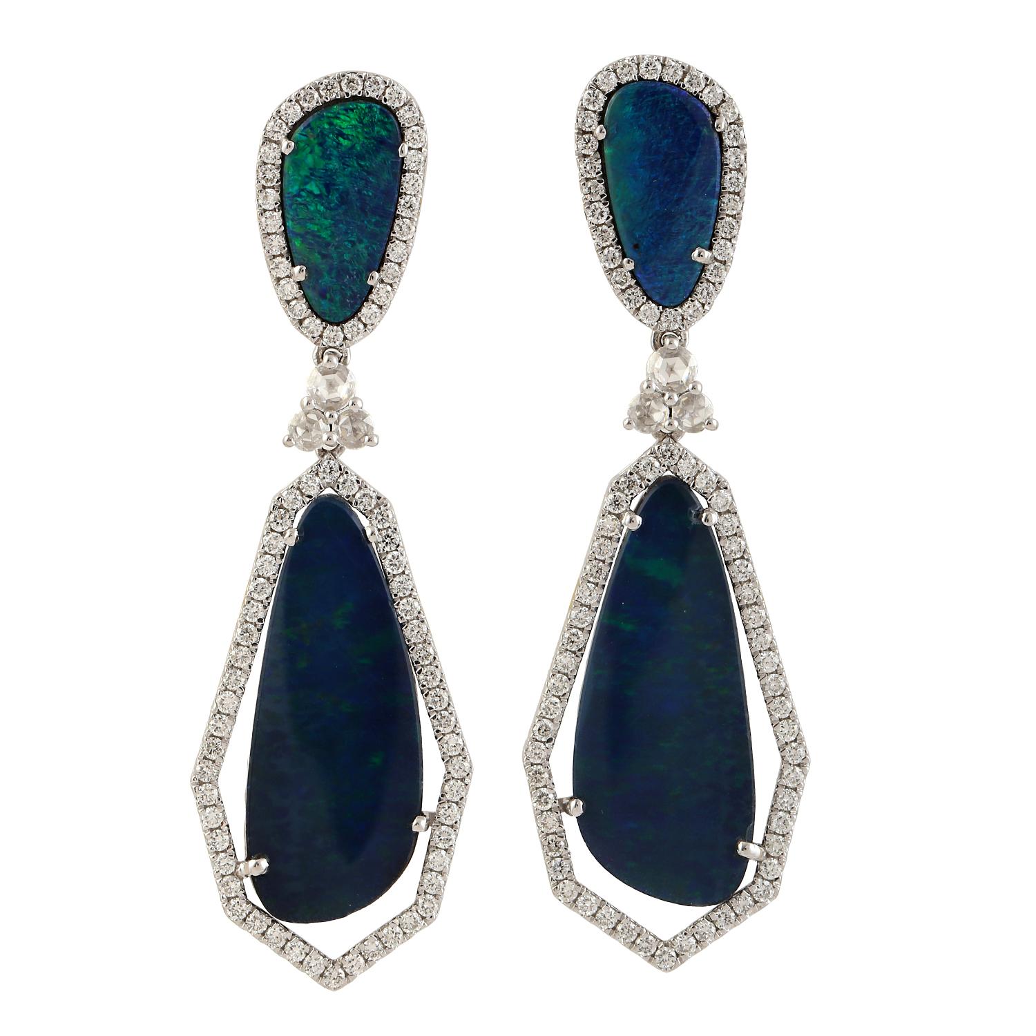 Opal Doublet Dangle Earring With Pave Diamond Made in 18k White Gold In New Condition For Sale In New York, NY