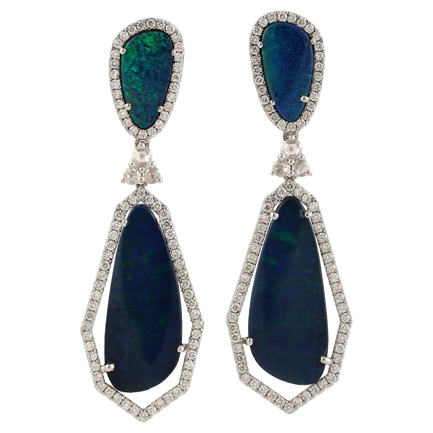 Opal Doublet Dangle Earring With Pave Diamond Made in 18k White Gold