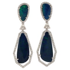 Opal Doublet Dangle Earring With Pave Diamond Made in 18k White Gold