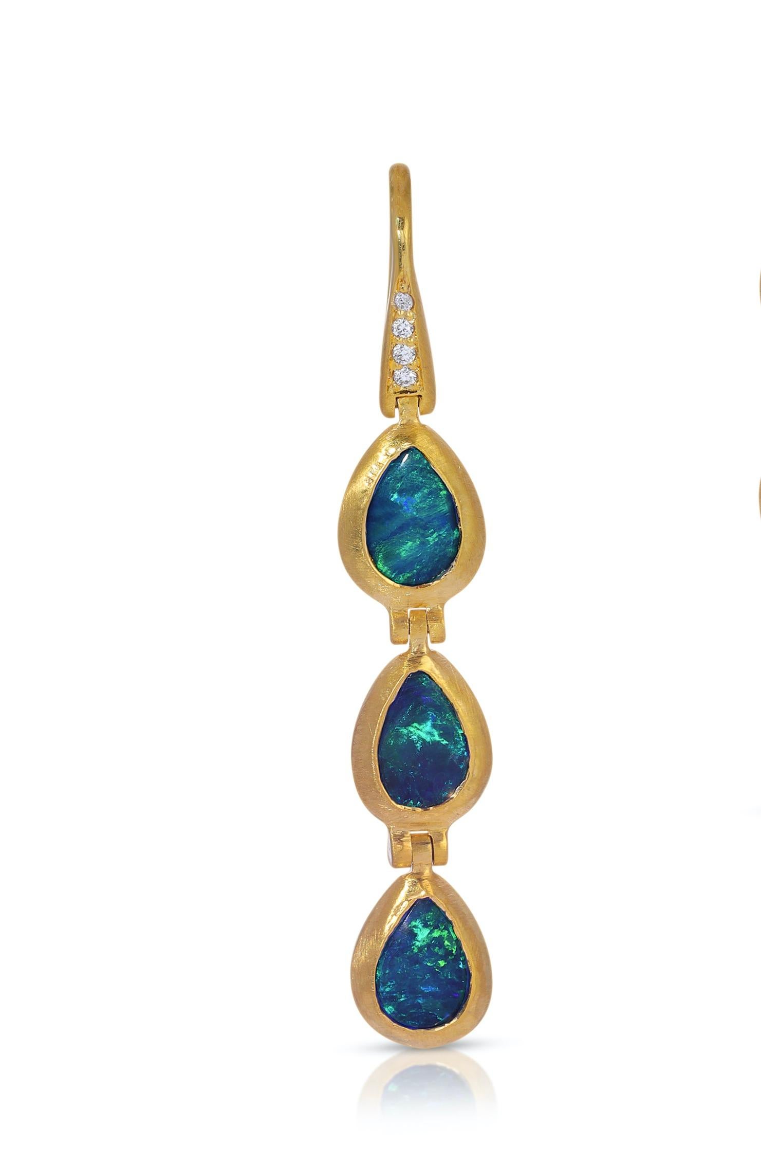 Opal Doublet Hinged Teardrops Bezel Set in 18k Heavy Matte Yellow Gold For Sale 1