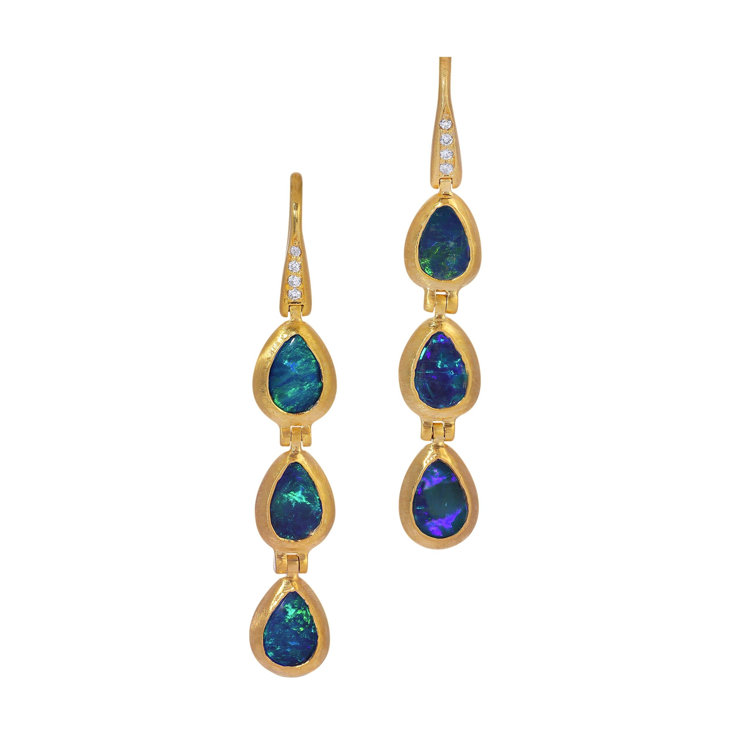 Opal Doublet Hinged Teardrops Bezel Set in 18k Heavy Matte Yellow Gold For Sale