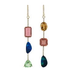 Opal-Doublet-Turmalin-Diamant-Ohrringe mit langen Hängern aus 14-karätigem Gold