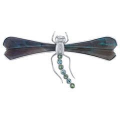 Opal,  Aquamarine and Tourmaline 18k White Gold Dragonfly Pin