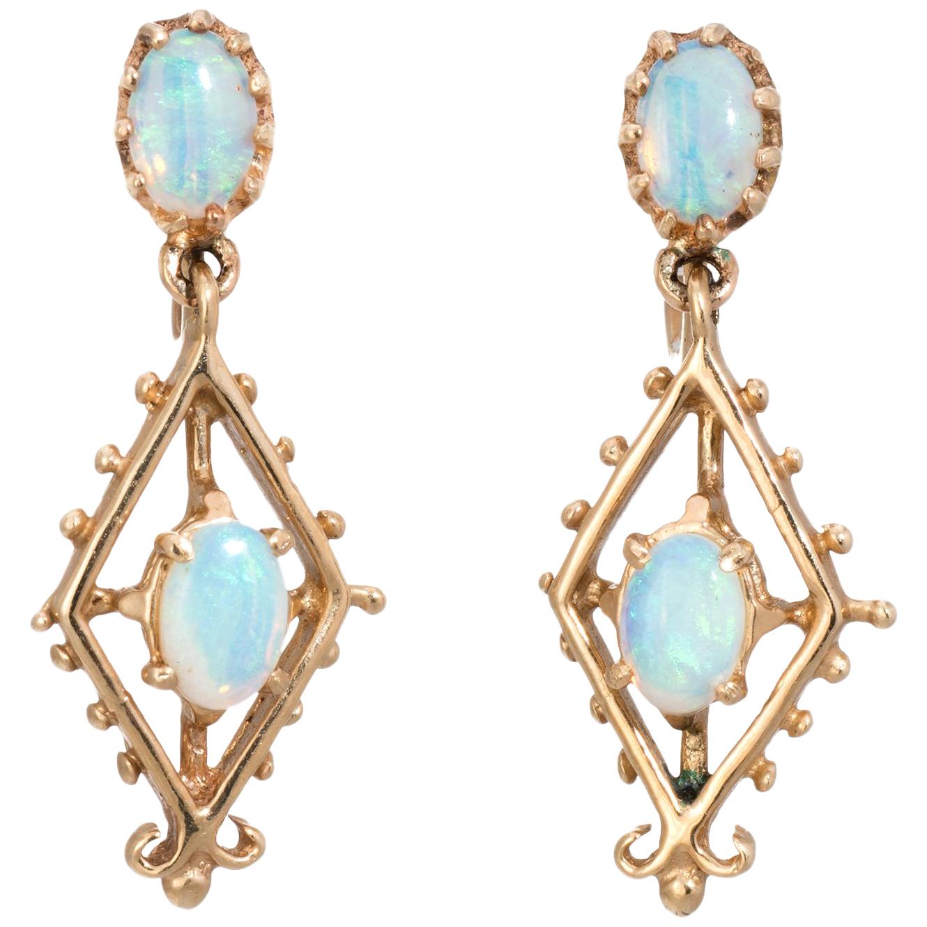 Opal Drop Earrings Vintage 14 Karat Gold Estate Fine Jewelry Screw Backings