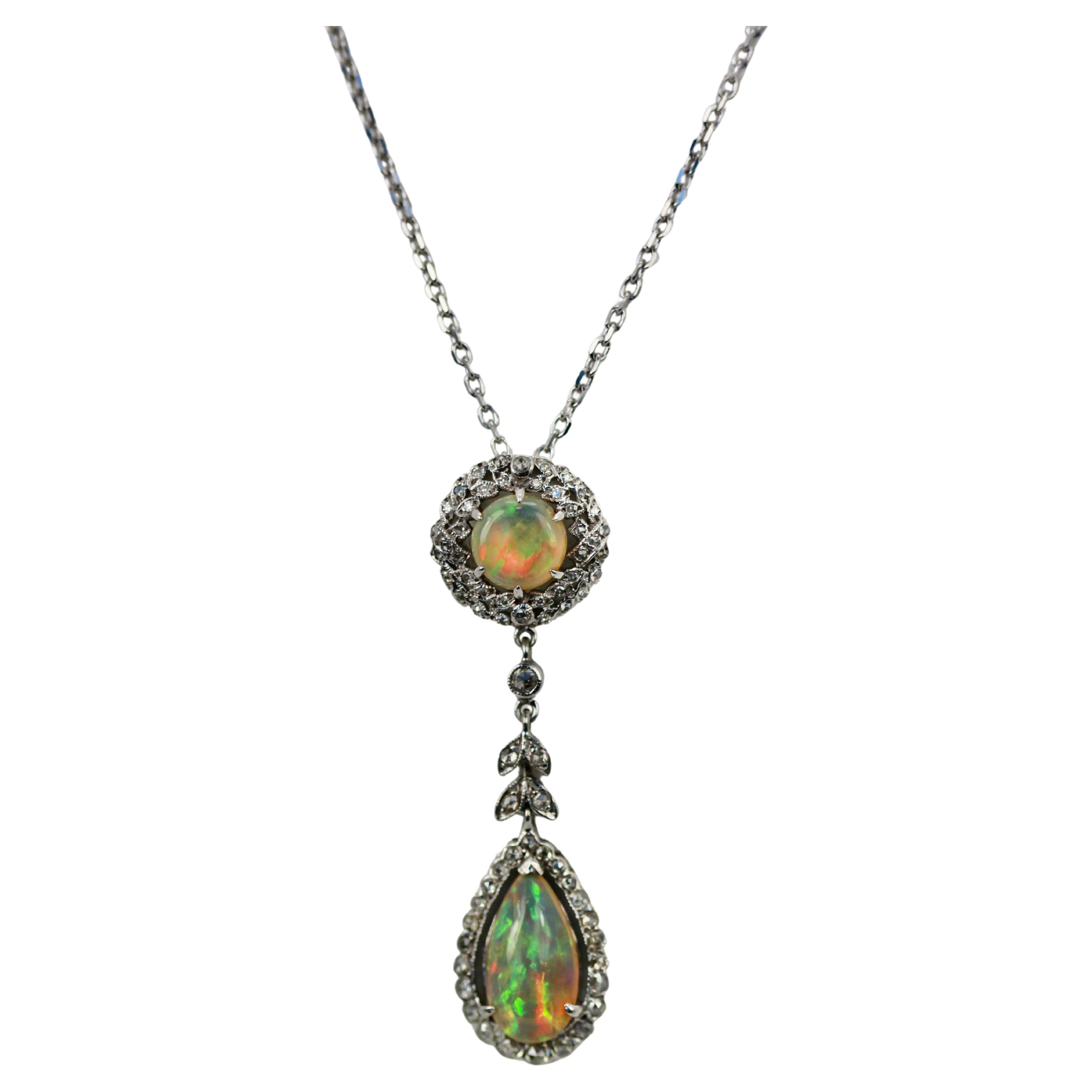 Edwardian Opal Diamond Gold Platinum Drop Necklace For Sale at 1stDibs