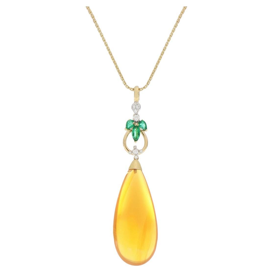 Opal Drop Pendant with Emeralds and Diamonds in 18kt Yellow and White Gold For Sale