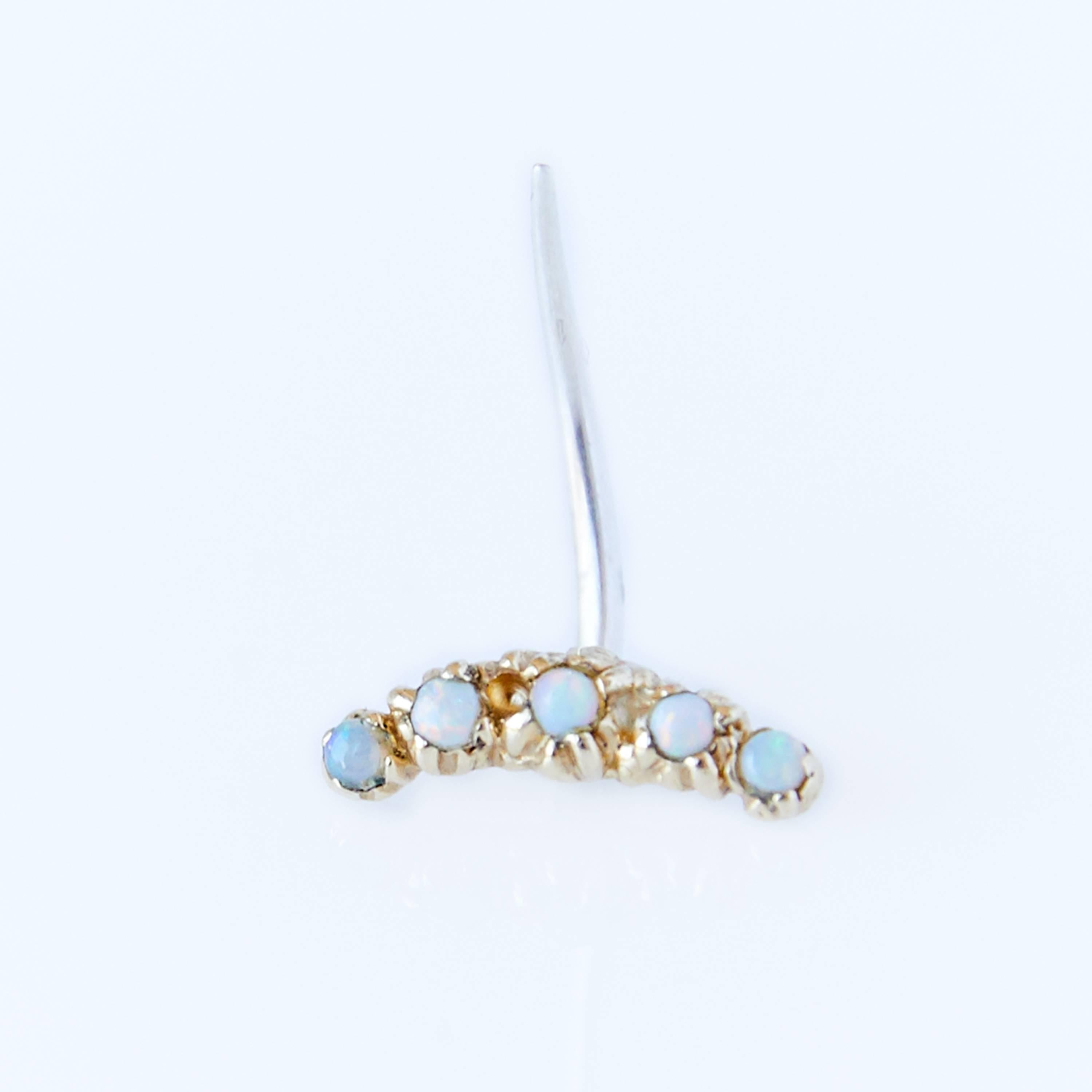 Contemporary Opal Earring Crescent Moon 14 Karat Gold Piercing J Dauphin For Sale