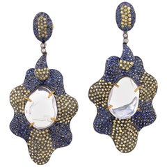 Opal Earring with Blue and Yellow Sapphires Around in Silver and Gold